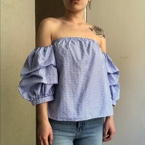Lucy Wang blue gingham plaid off the shoulder puffy sleeves ruffle blouse small